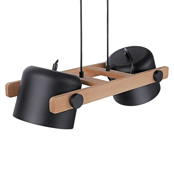 Just Light Cup Lámpara colgante - 120 W, L x An x Al: 23 x 63 x 120 cm, Negro/Madera, E27, 2 ud. - Primer plano de una lámpara colgante moderna con dos pantallas negras ajustables y un marco de madera.