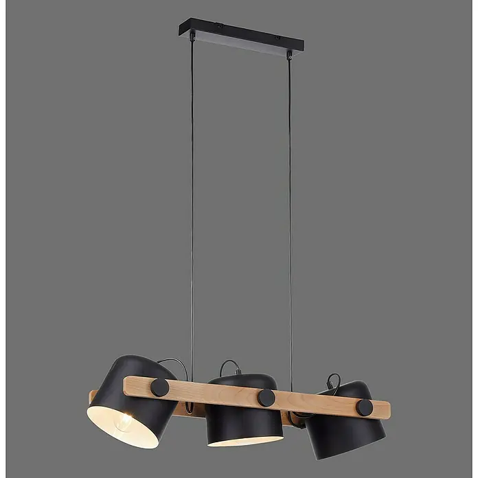 Just Light Cup Lámpara colgante - 180 W, L x An x Al: 23 x 70 x 120 cm, Negro/Madera, E27, 3 ud. - Elegante lámpara colgante con tres pantallas negras y una viga de madera, creando un ambiente moderno y elegante.