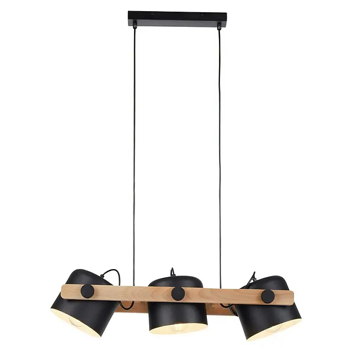 Just Light Cup Lámpara colgante - 180 W, L x An x Al: 23 x 70 x 120 cm, Negro/Madera, E27, 3 ud. - Lámpara colgante moderna con tres pantallas negras y viga de madera para una iluminación elegante.