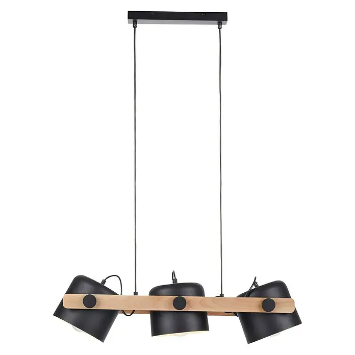 Just Light Cup Lámpara colgante - 180 W, L x An x Al: 23 x 70 x 120 cm, Negro/Madera, E27, 3 ud. - Elegante lámpara colgante con tres pantallas negras sobre una barra de madera, ideal para interiores modernos.