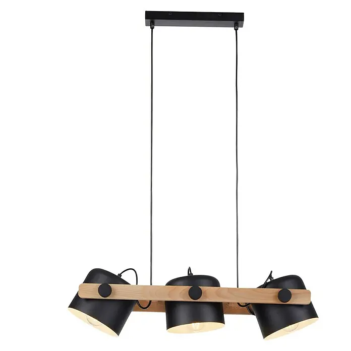 Just Light Cup Lámpara colgante - 180 W, L x An x Al: 23 x 70 x 120 cm, Negro/Madera, E27, 3 ud. - Lámpara colgante moderna con tres pantallas negras y base de madera clara. Iluminación elegante para comedor o sala de estar.