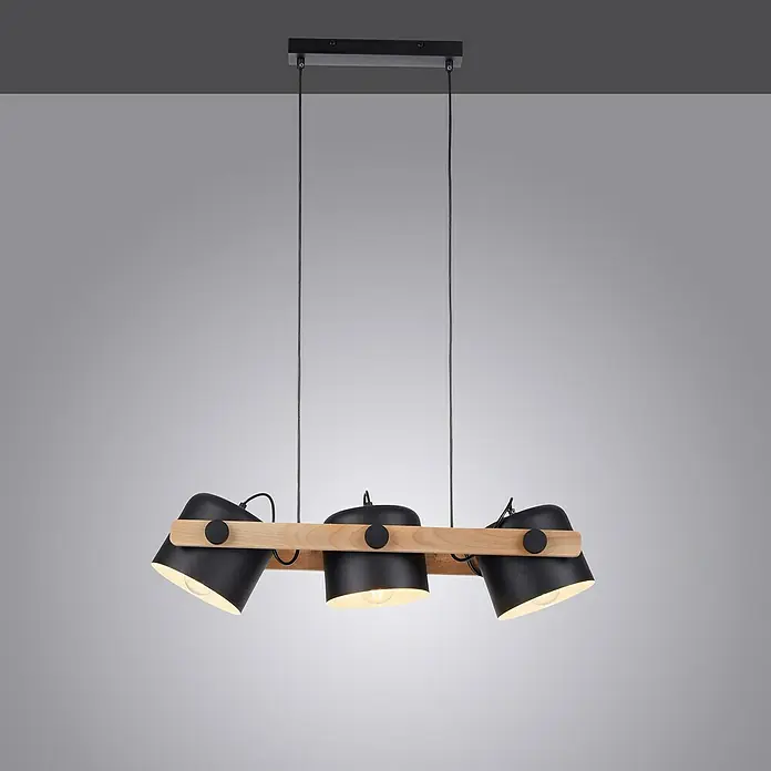 Just Light Cup Lámpara colgante - 180 W, L x An x Al: 23 x 70 x 120 cm, Negro/Madera, E27, 3 ud. - Lámpara colgante moderna con tres pantallas negras y una viga de madera clara, suspendida por cables negros de un soporte negro.