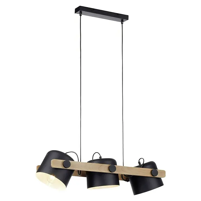 Just Light Cup Lámpara colgante - 180 W, L x An x Al: 23 x 70 x 120 cm, Negro/Madera, E27, 3 ud. - Lámpara colgante moderna con tres pantallas negras sobre un marco de madera, ideal para una iluminación elegante en el comedor.