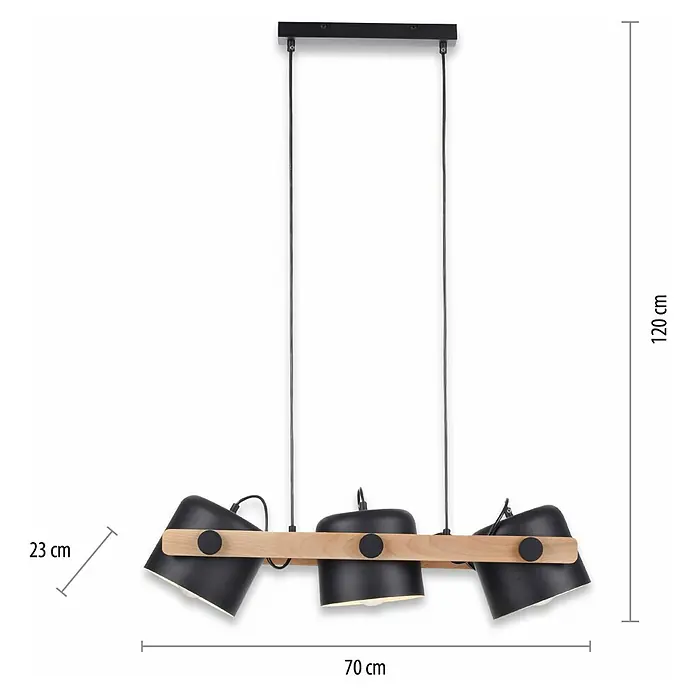 Just Light Cup Lámpara colgante - 180 W, L x An x Al: 23 x 70 x 120 cm, Negro/Madera, E27, 3 ud. - Foto del producto: Una lámpara colgante moderna con tres pantallas negras y detalles de madera. Medidas incluidas.
