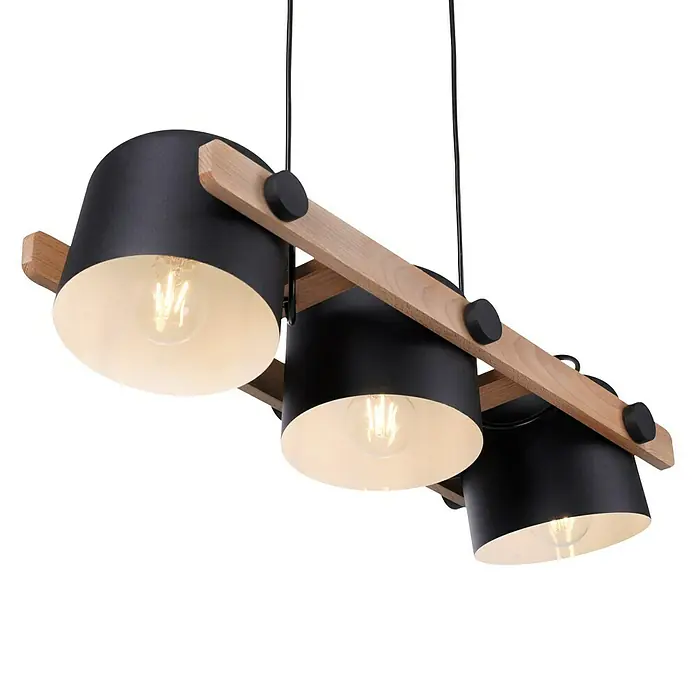 Just Light Cup Lámpara colgante - 180 W, L x An x Al: 23 x 70 x 120 cm, Negro/Madera, E27, 3 ud. - Lámpara colgante con tres pantallas negras sobre una barra de madera, perfecta para comedores o salones.