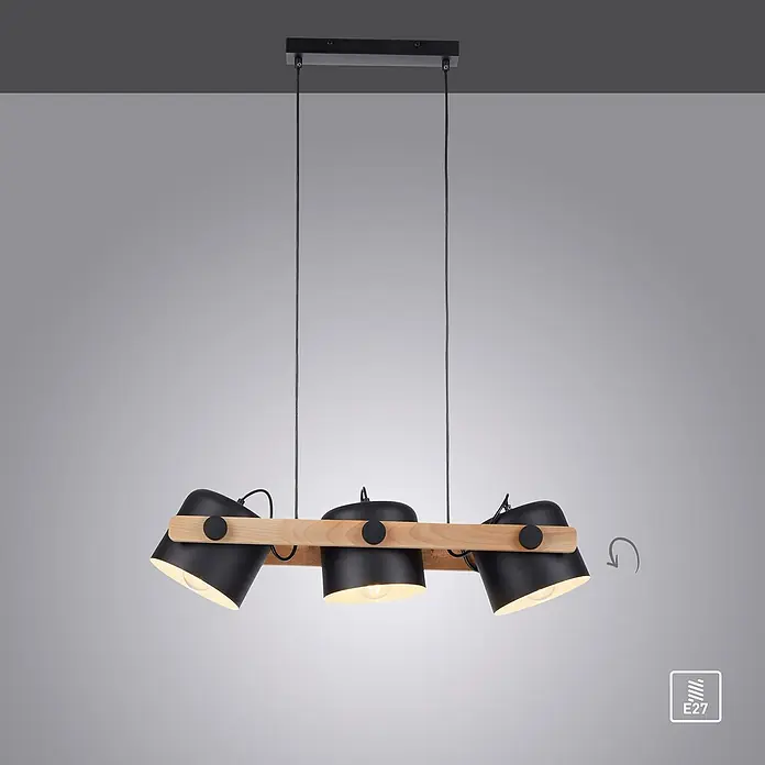 Just Light Cup Lámpara colgante - 180 W, L x An x Al: 23 x 70 x 120 cm, Negro/Madera, E27, 3 ud. - Lámpara colgante moderna con tres pantallas negras ajustables y un detalle de madera que crea un ambiente elegante.