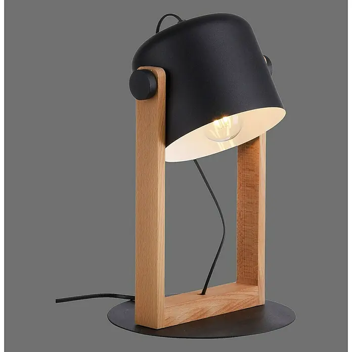 Just Light Cup Lámpara de sobremesa redonda - 60 W, Ø x Al: 23 x 41 cm, Negro/Madera, E27 - Elegante lámpara de mesa con pantalla negra y estructura de madera. El diseño moderno asegura una iluminación elegante.