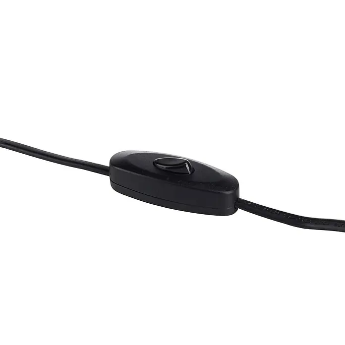 Just Light Cup Lámpara de sobremesa redonda - 60 W, Ø x Al: 23 x 41 cm, Negro/Madera, E27 - Primer plano de un interruptor de cordón negro en un cable eléctrico negro, utilizado para encender y apagar dispositivos.