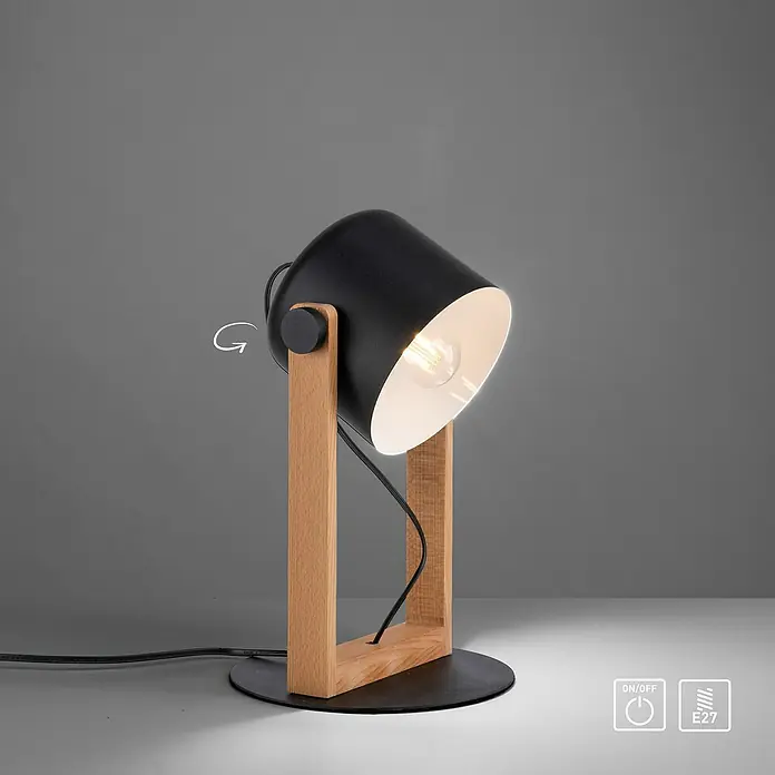 Just Light Cup Lámpara de sobremesa redonda - 60 W, Ø x Al: 23 x 41 cm, Negro/Madera, E27 - Elegante lámpara de mesa con pantalla negra y base de madera, que emite una luz cálida.