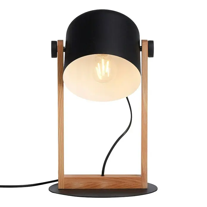 Just Light Cup Lámpara de sobremesa redonda - 60 W, Ø x Al: 23 x 41 cm, Negro/Madera, E27 - Lámpara de mesa moderna con pantalla negra y estructura de madera, que emite una luz ambiental cálida.