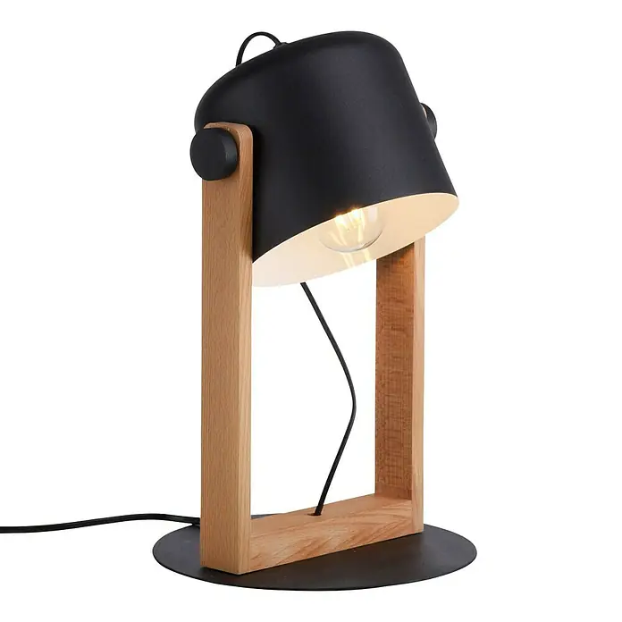 Just Light Cup Lámpara de sobremesa redonda - 60 W, Ø x Al: 23 x 41 cm, Negro/Madera, E27 - Esta lámpara de mesa combina un diseño de metal negro con un marco de madera, proporcionando iluminación elegante.