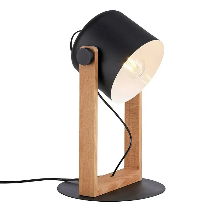 Just Light Cup Lámpara de sobremesa redonda - 60 W, Ø x Al: 23 x 41 cm, Negro/Madera, E27 - Elegante lámpara de mesa con pantalla negra y estructura de madera. Su diseño moderno la convierte en un atractivo en cualquier habitación.