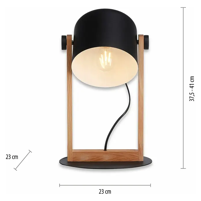 Just Light Cup Lámpara de sobremesa redonda - 60 W, Ø x Al: 23 x 41 cm, Negro/Madera, E27 - Elegante lámpara de mesa con pantalla negra y marco de madera. La lámpara proporciona una luz cálida y mide 37,5–41 cm de altura.