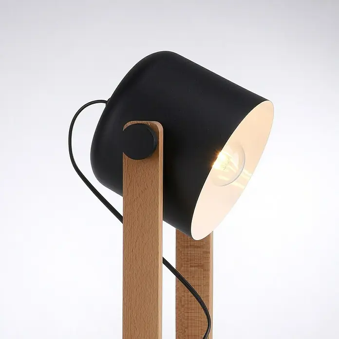 Just Light Cup Lámpara de sobremesa redonda - 60 W, Ø x Al: 23 x 41 cm, Negro/Madera, E27 - Primer plano de una lámpara de escritorio moderna con pantalla negra y base de madera, emitiendo una luz cálida.