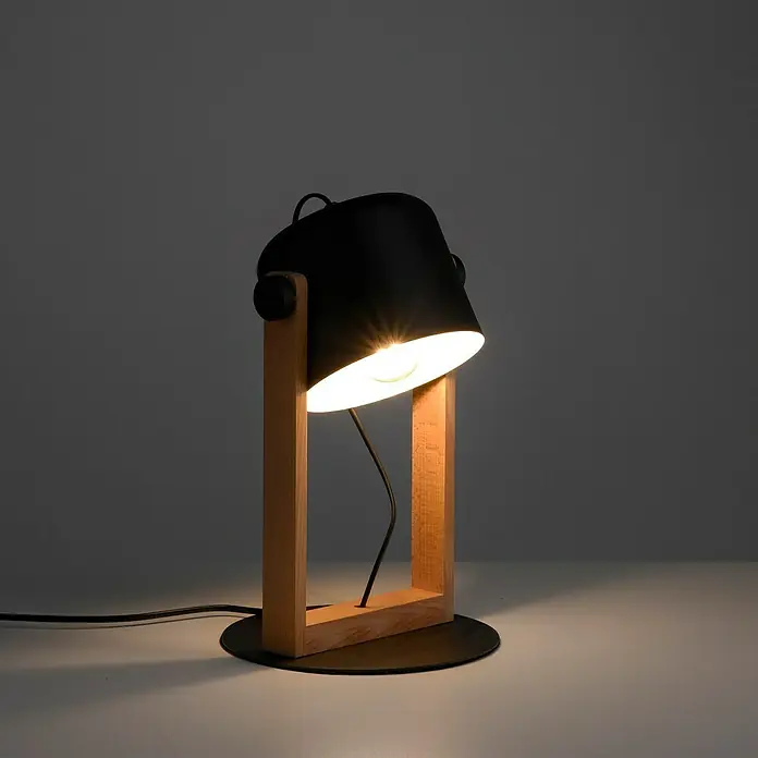 Just Light Cup Lámpara de sobremesa redonda - 60 W, Ø x Al: 23 x 41 cm, Negro/Madera, E27 - Elegante lámpara de mesa con pantalla negra y base de madera. Diseño moderno que ofrece una iluminación cálida y un toque sofisticado.