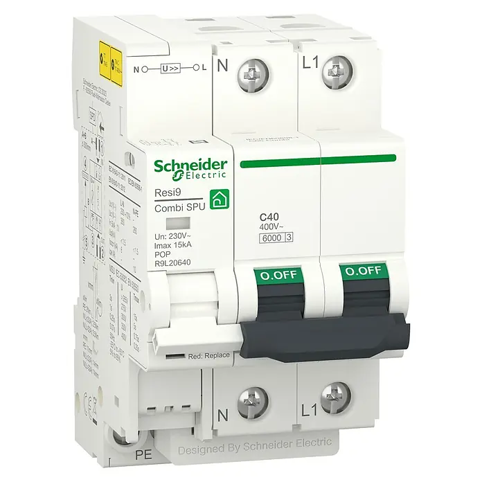 Schneider Electric Interruptor diferencial automático GA Resi9 Combi - 40 A, 1 ud., 6 kA - Un interruptor diferencial Schneider Electric Resi9 Combi SPU con protección contra sobretensiones para seguridad eléctrica.