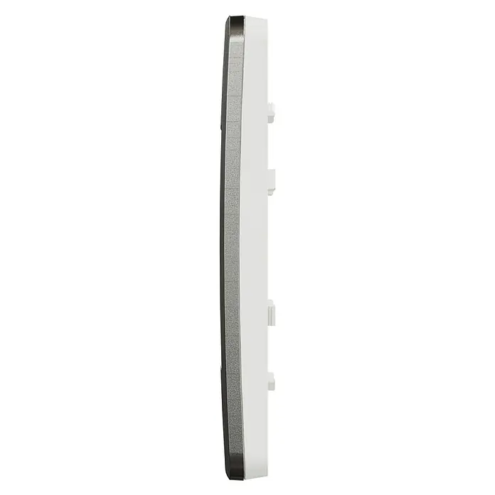 Schneider Electric New Unica Marco Studio - Metal/Aluminio, Modelo de mecanismos: x 1, Plástico, Instalar - Vista lateral de un dispositivo electrónico con una parte trasera blanca y un lado gris texturizado diseñado para montaje en pared.