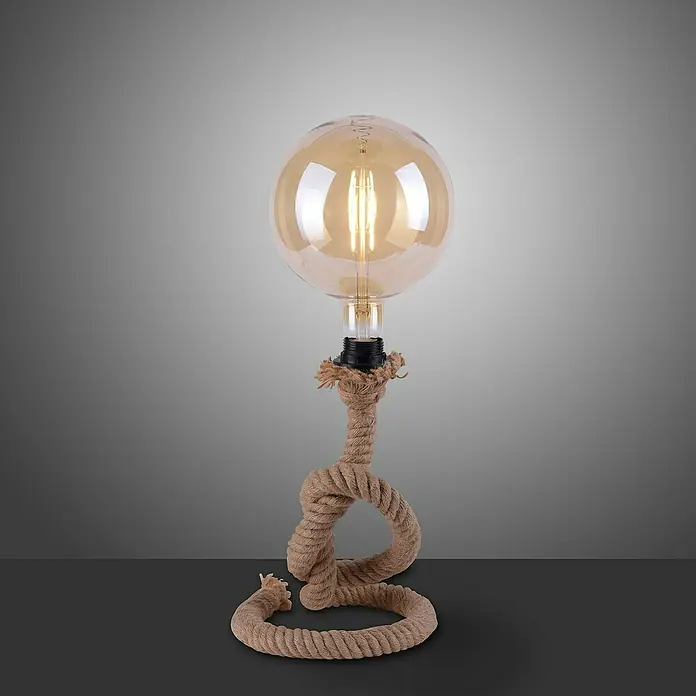 Just Light Rope Lámpara de sobremesa redonda - 15 W, Ø x Al: 20 x 33 cm, E27 - La lámpara decorativa cuenta con una gran bombilla redonda y una base de cuerda trenzada, sobre una mesa oscura, creando un ambiente cálido.