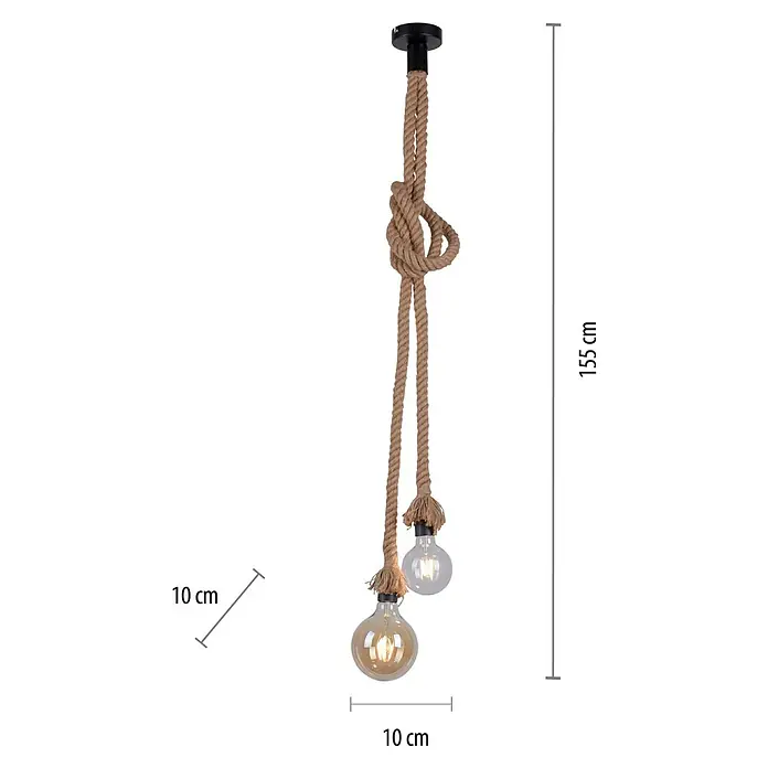Just Light Rope Lámpara colgante redonda - 60 W, Ø x Al: 10 x 155 cm, Natural, E27, 2 ud. - Lámpara colgante de cuerda con dos bombillas y diseño rústico. La lámpara mide 155 cm de largo y las pantallas tienen un diámetro de 10 cm.