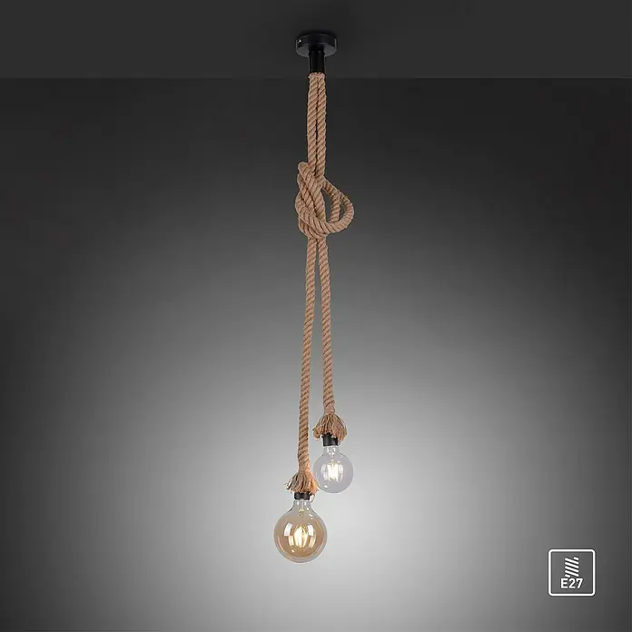 Just Light Rope Lámpara colgante redonda - 60 W, Ø x Al: 10 x 155 cm, Natural, E27, 2 ud. - Lámpara colgante de cuerda con dos bombillas, diseño rústico. Ideal para salón o comedor con casquillo E27.