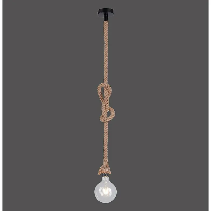 Just Light Rope Lámpara colgante redonda - 15 W, Ø x Al: 10 x 120 cm, Natural, E27, 1 ud. - Una lámpara colgante con un colgador de cuerda y bombilla, que muestra un elemento de diseño rústico e industrial.