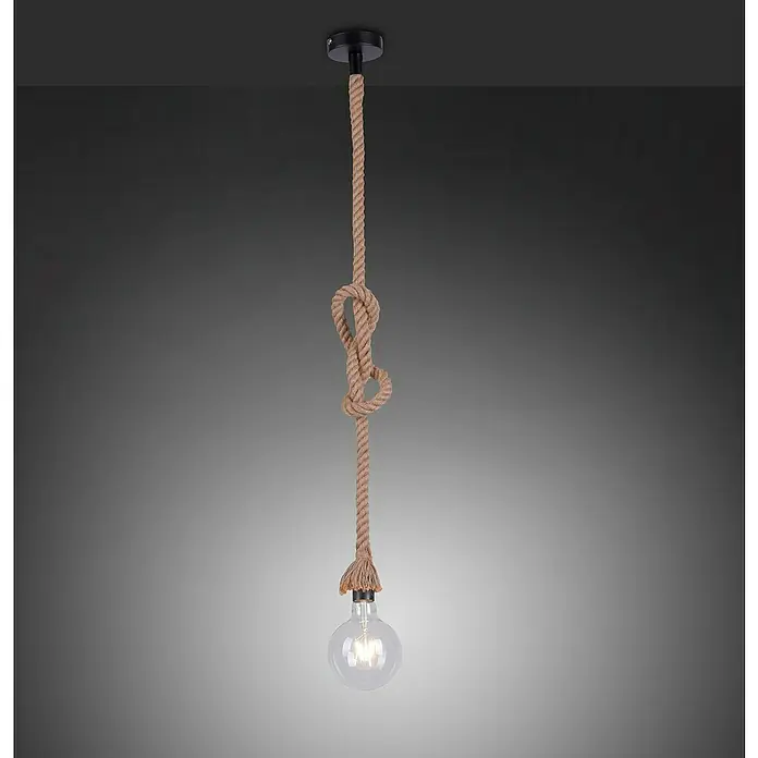 Just Light Rope Lámpara colgante redonda - 15 W, Ø x Al: 10 x 120 cm, Natural, E27, 1 ud. - Una lámpara colgante de cuerda con un nudo decorativo y una bombilla brillante, que aporta un toque marítimo a cualquier habitación.