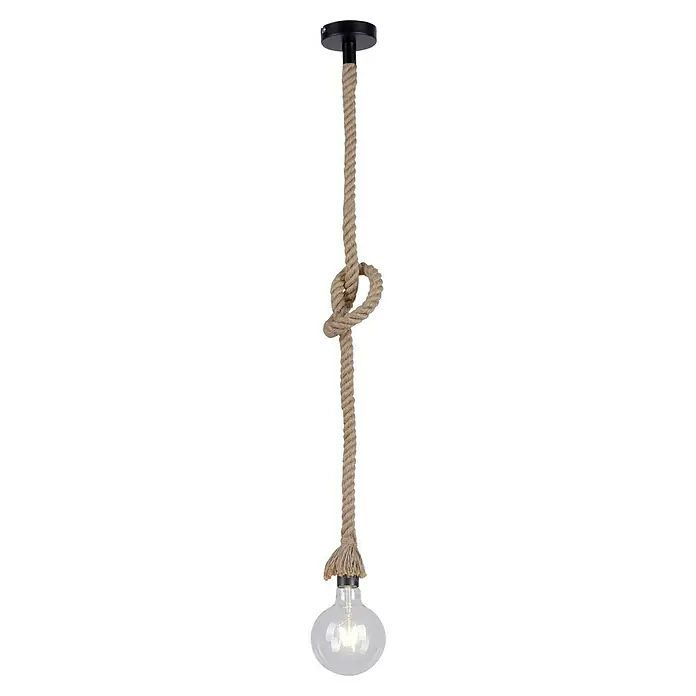 Just Light Rope Lámpara colgante redonda - 15 W, Ø x Al: 10 x 120 cm, Natural, E27, 1 ud. - Lámpara colgante con pantalla de vidrio transparente y una cuerda con un nudo decorativo, suspendida del montaje del techo.