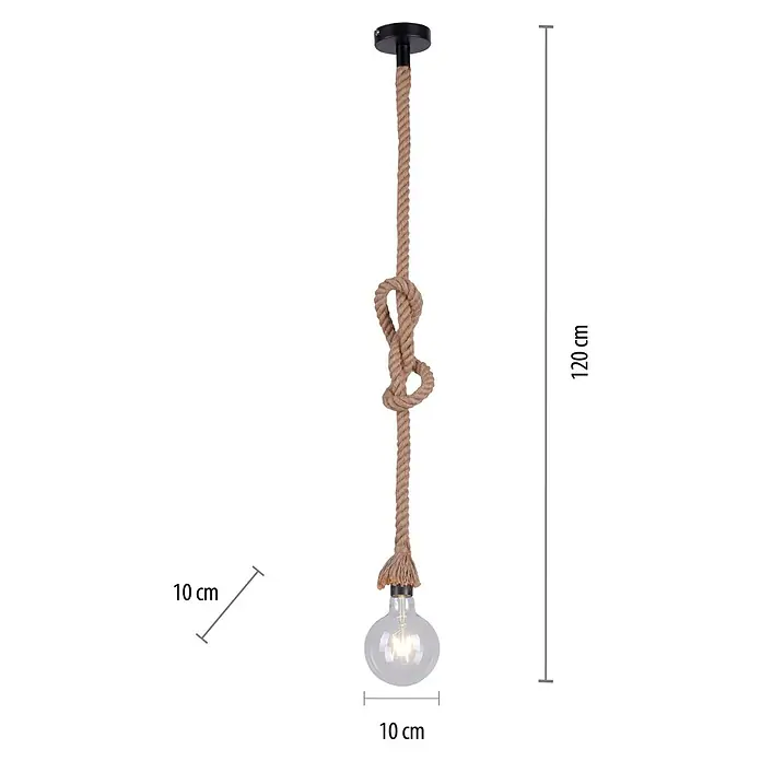 Just Light Rope Lámpara colgante redonda - 15 W, Ø x Al: 10 x 120 cm, Natural, E27, 1 ud. - Esta toma muestra una elegante lámpara colgante con un diseño de cuerda y bombilla, resaltada con medidas precisas.