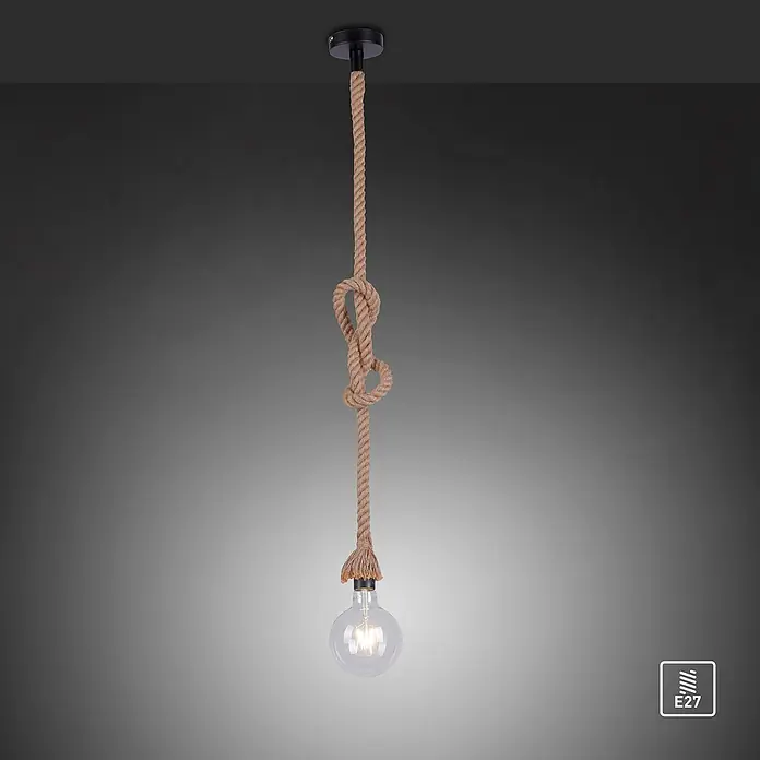 Just Light Rope Lámpara colgante redonda - 15 W, Ø x Al: 10 x 120 cm, Natural, E27, 1 ud. - Lámpara colgante de cuerda con bombilla decorativa, que emite una luz cálida y acogedora. Perfecta para salones o comedores.