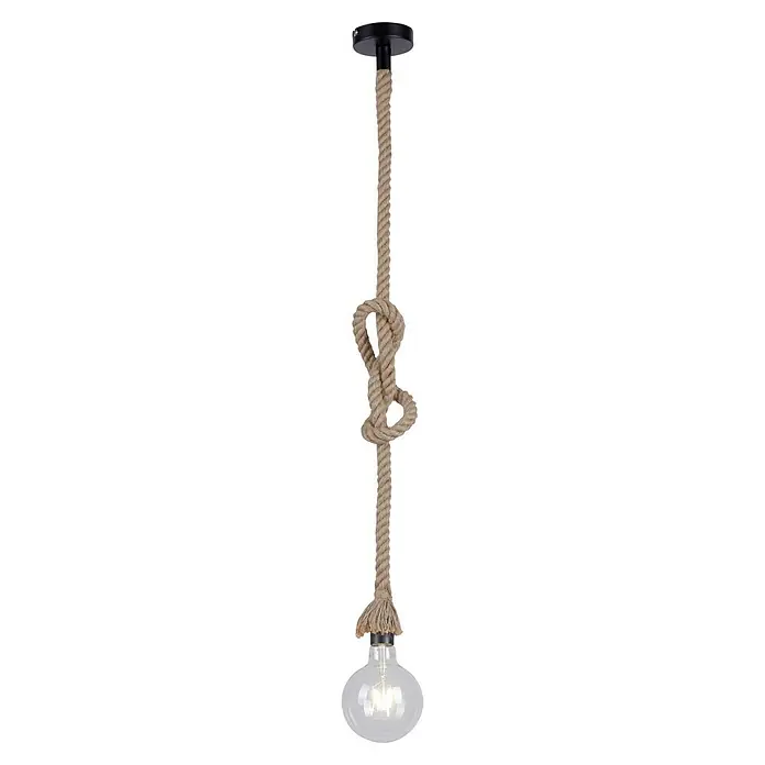 Just Light Rope Lámpara colgante redonda - 15 W, Ø x Al: 10 x 120 cm, Natural, E27, 1 ud. - Esta lámpara colgante presenta un diseño de cuerda con un nudo, combinado con una bombilla clara que aporta un encanto rústico.