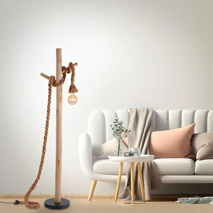 Just Light Rope Lámpara de pie - 40 W, Altura: 150 cm, Natural, E27 - Una lámpara de pie rústica de madera con detalles de cuerda y bombilla a la vista, que aporta un ambiente cálido a cualquier estancia. Ideal para salones.