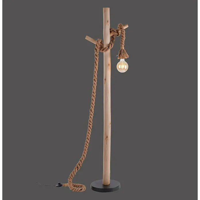 Just Light Rope Lámpara de pie - 40 W, Altura: 150 cm, Natural, E27 - Lámpara de pie de madera con cuerda y bombilla. La lámpara tiene un encanto rústico y es una iluminación elegante para cualquier habitación.