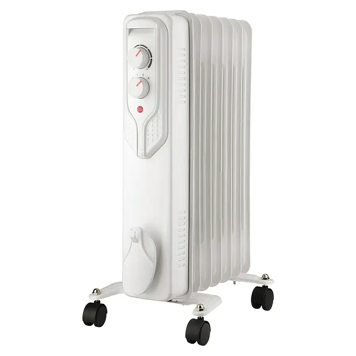 Voltomat HEATING Ölradiator - 1.500 W, Raumgröße bis ca. 15 m², Weiß - Ein weißer, tragbarer Ölradiator mit Drehreglern und Rollen für einfache Mobilität zur effektiven Raumheizung.