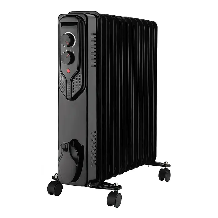 Voltomat HEATING Ölradiator - 2.500 W, Raumgröße bis ca. 25 m², Schwarz - Abbildung eines schwarzen tragbaren Heizkörpers mit Ölfüllung. Er hat eine Bedieneinheit und Räder zur einfachen Bewegung.
