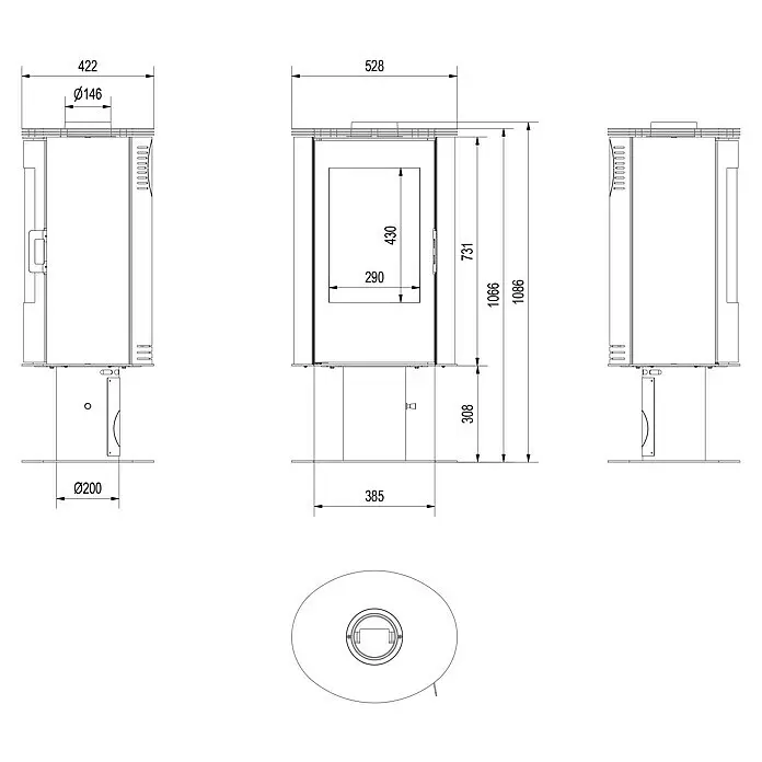 Kratki Kaminofen Stove AB - 8 kW, Material Verkleidung: Stahl, Schwarz - Technisches Datenblatt eines modernen zylindrischen Holzofens mit detaillierten Maßen für Höhe, Breite und Rauchrohrdurchmesser.
