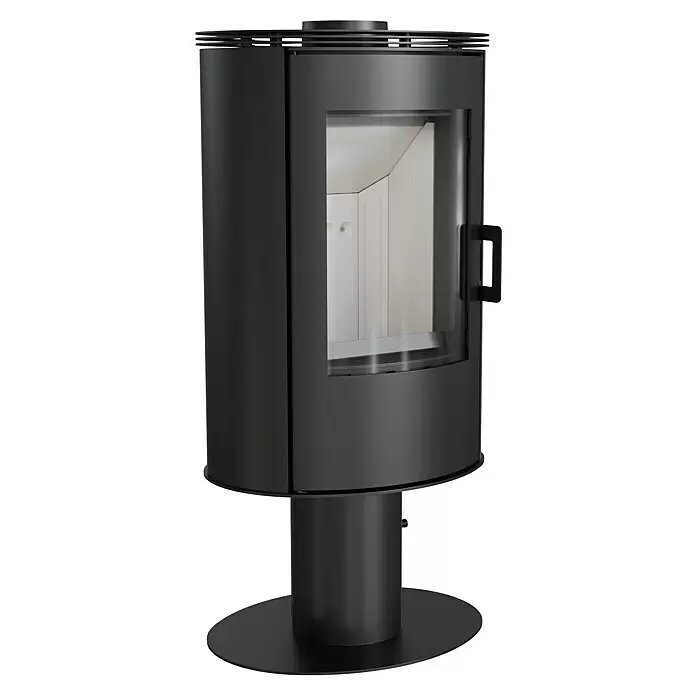 Kratki Kaminofen Stove AB - 8 kW, Material Verkleidung: Stahl, Schwarz - Schwarzer zylindrischer Kaminofen mit Glastür, weißem Innenraum und rundem Standfuß.