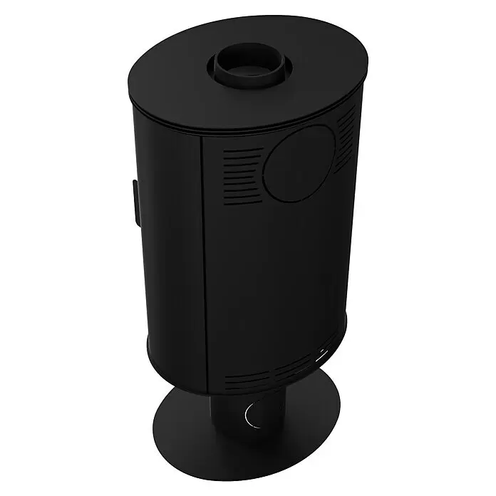 Kratki Kaminofen Stove AB - 8 kW, Material Verkleidung: Stahl, Schwarz - Schwarzer ovaler Metallofen mit oberem Rauchrohranschluss und rundem Sockel.