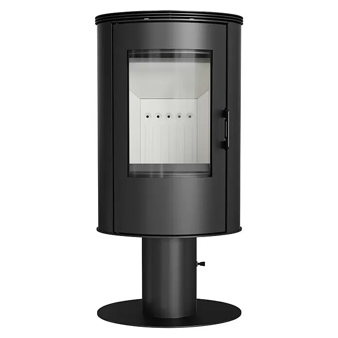Kratki Kaminofen Stove AB - 8 kW, Material Verkleidung: Stahl, Schwarz - Moderner schwarzer freistehender Holzofen mit großer Glastür und weißem Brennraum auf rundem Sockel.