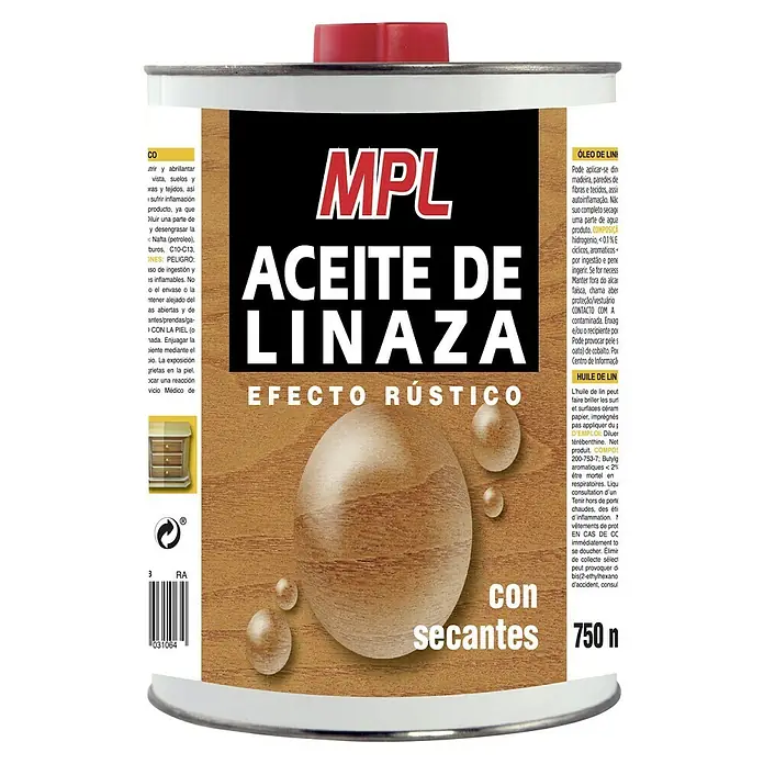 MPL Aceite de linaza - Marrón, 750 ml, Lata - Bote de aceite de linaza MPL con efecto rústico y secantes. Ideal para superficies de madera, proporciona brillo y protección.