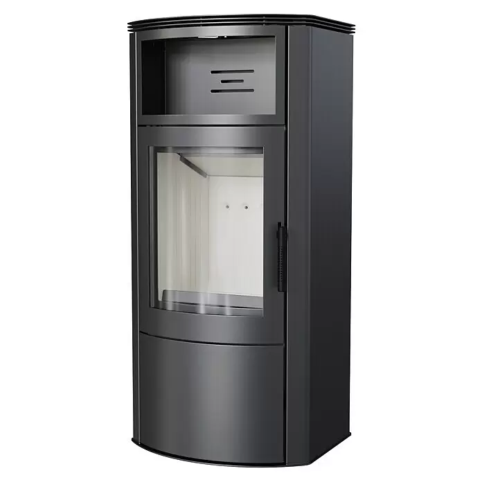 Kratki Kaminofen Titan - 11 kW, Schwarz - Dunkelgrauer moderner Holzofen mit Glastür und oberem Staufach.