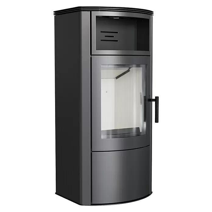 Kratki Kaminofen Titan - 11 kW, Schwarz - Moderner dunkelgrauer Kaminofen mit Glastür und oberem Wärmefach.