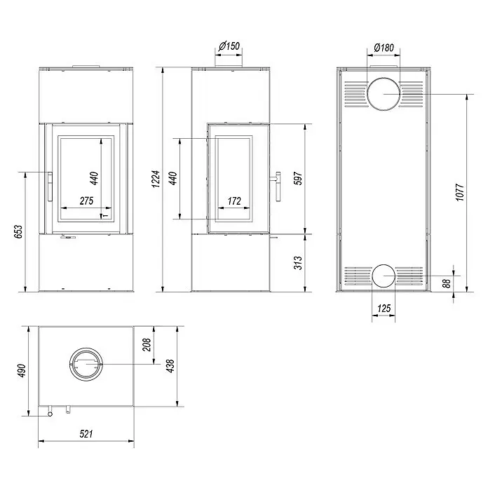 Kratki Kaminofen Thor - 8 kW, Schwarz - Technische Zeichnung eines Ofens mit Maßen und Rauchgasanschlüssen, dargestellt in Vorder-, Seiten- und Draufsicht.