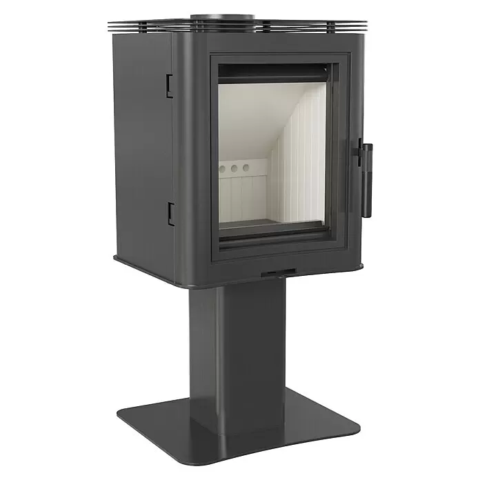 Kratki Kaminofen K5 - 7 kW, Material Verkleidung: Stahl, Schwarz - Moderner dunkelgrauer freistehender Kaminofen mit Glastür und Säulenfuß.