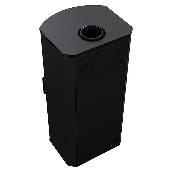 Kratki Kaminofen Titan - 11 kW, Schwarz - Schwarzer Pellet- oder Holzofen, rechteckig mit gekrümmter Oberseite, Rauchrohröffnung und Lüftungsgittern.