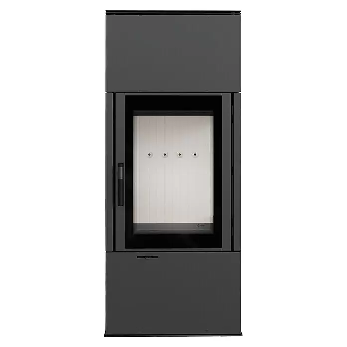 Kratki Kaminofen Thor - 8 kW, Schwarz - Dunkelgrauer moderner Kamineinsatz mit großer Glastür, linkem Griff und hellen Innenplatten.
