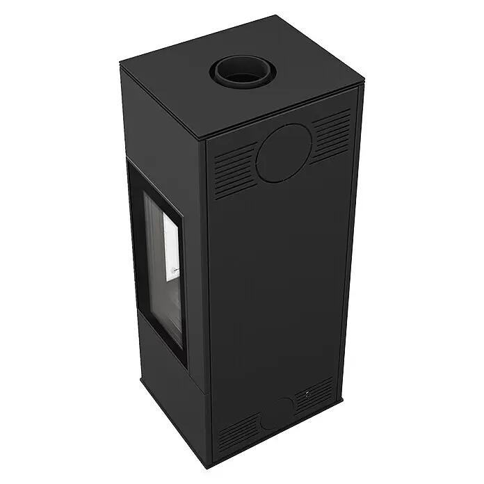 Kratki Kaminofen Thor - 8 kW, Schwarz - Hoher, schwarzer, rechteckiger Holzofen mit Glastür, oberer Rauchrohröffnung und seitlichen Lüftungsgittern.