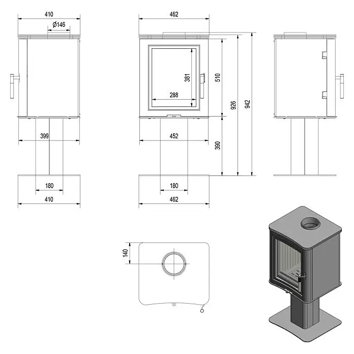 Kratki Kaminofen K5 - 7 kW, Material Verkleidung: Stahl, Schwarz - Dunkelgrauer Holzofen mit Glastür, dargestellt mit technischen Zeichnungen und Maßen.