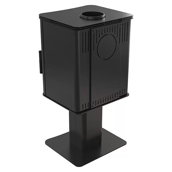 Kratki Kaminofen K5 - 7 kW, Material Verkleidung: Stahl, Schwarz - Schwarzer, rechteckiger Ofen mit oberem Abgasanschluss und Lüftungsschlitzen auf einem stabilen Sockel.
