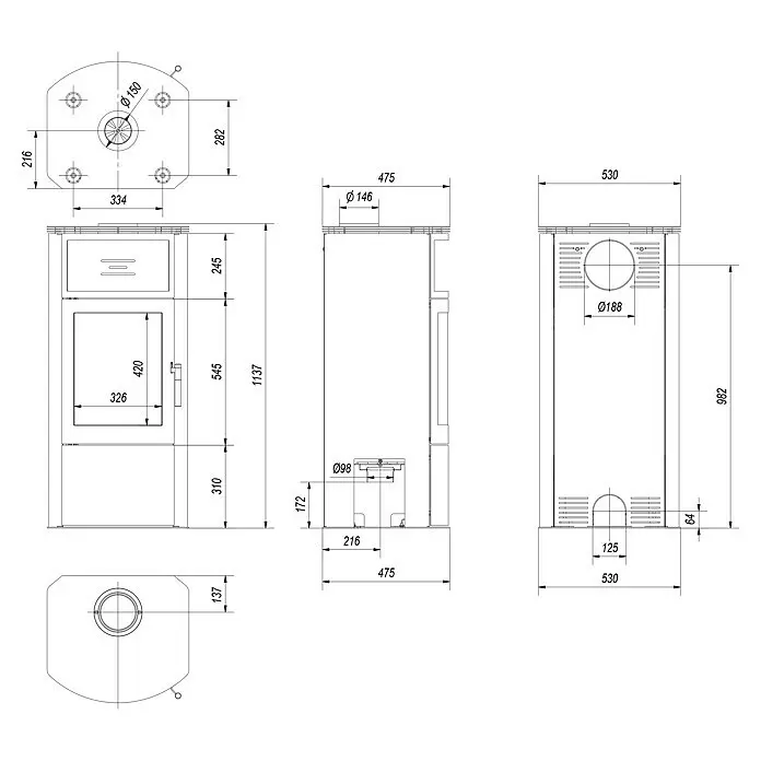 Kratki Kaminofen Titan - 11 kW, Schwarz - Technische Zeichnung mit Maßen für ein Heizgerät, Vorder-, Seiten-, Ober- und Unteransicht.