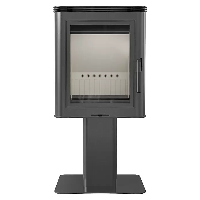 Kratki Kaminofen K5 - 7 kW, Material Verkleidung: Stahl, Schwarz - Moderner dunkelgrauer Kaminofen mit Glastür und hellem Innenraum auf Sockel.